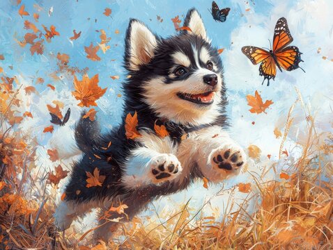 Playful pomsky puppy chasing butterflies in a vibrant fall field nature photography outdoor adventure whimsical scene