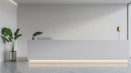 imple modern reception desk in office, white walls with light grey floor, stylish design with LED lighting and potted plants, clean and refreshing style
