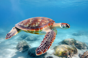 Obraz premium Sea turtle swimming gracefully in clear ocean waters
