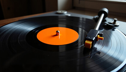 Close-up of a vinyl turntable with an orange label record and modern design on a wooden table