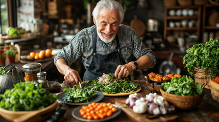 joyful elderly man preparing fresh vegetables in rustic kitchen