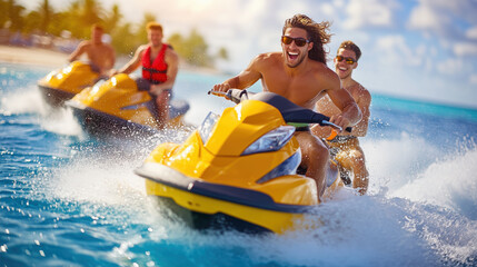 High energy shot of friends racing on jet skis in clear blue water