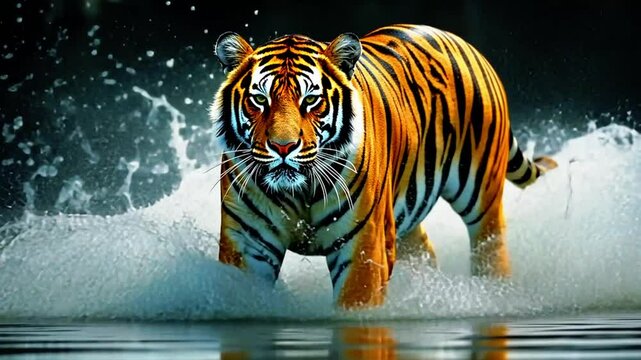 Tiger Walking Through Water with Splashing Effect - Majestic Wildlife in Motion