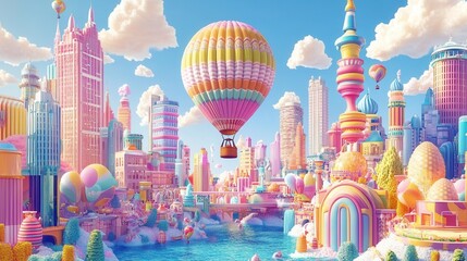 Obraz premium Whimsical Candy Cityscape: A Pastel Dreamland with Hot Air Balloons Floating Above