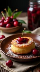 A fluffy cheesecake topped with a cherry and cherry sauce sits on a brown plate, surrounded by fresh cherries and a jar of cherries