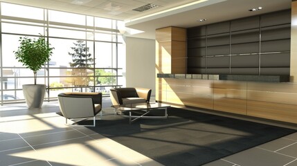 The reception hall is simply designed with green plants. Sunlight shines into the room through the floor-to-ceiling windows, creating a warm and comfortable environment