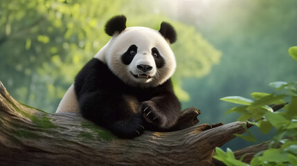 Fototapeta premium A cute panda sits on the tree trunk