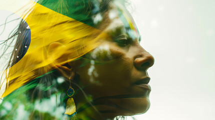 Double exposure of indigenous woman with Brazilian flag overlay.
