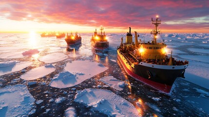 Fototapeta premium Logistics global transportation aerial view concept. Ships navigate icy waters at sunset, reflecting warm colors on the sea and showcasing a stunning polar landscape.