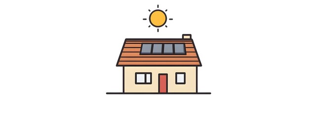 Obraz premium Vector logo of a house with solar panels on the roof, a sun above it, simple shapes, white background