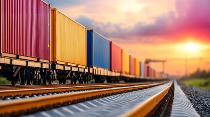 Obraz premium Logistics global transportation aerial view concept. Vibrant freight train containers lined on tracks at sunset, showcasing industrial transport against a colorful sky.