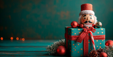 Christmas nutcracker figurine and gift box on green background.