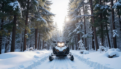 Snowmobile parked in snowy forest landscape with soft midday light