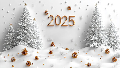  White background, Christmas tree with golden numbers "2025"