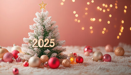  White background, Christmas tree with golden numbers "2025"