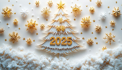  White background, Christmas tree with golden numbers "2025"