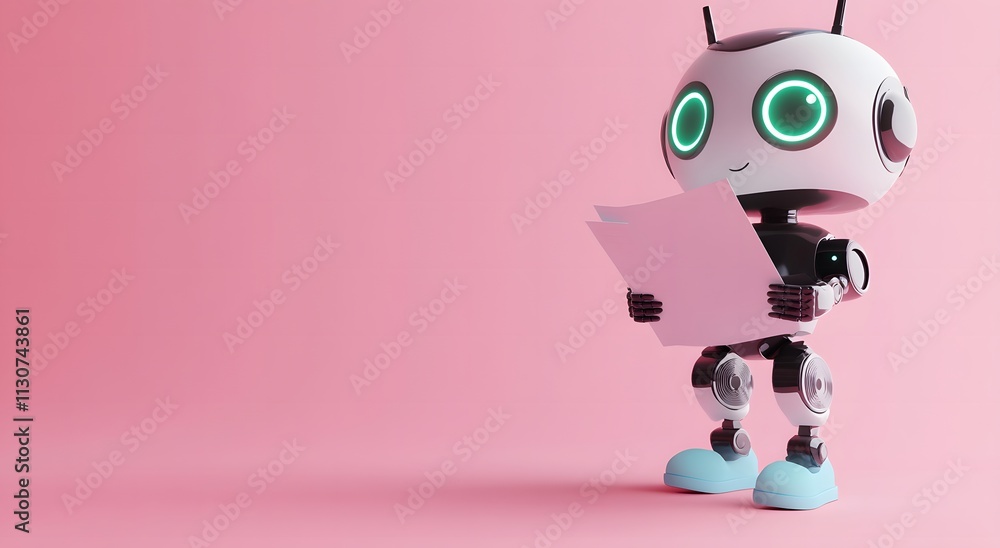 Poster a smart cute robot is reading a research paper with paper in hand. the robot is completing its work 