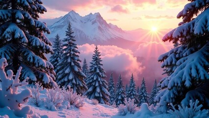 landscape forest of snow-covered pine trees, fresh snow on branches. Gentle morning fog, sun rises, warm pink and orange, mountains on the horizon, magical winter mood