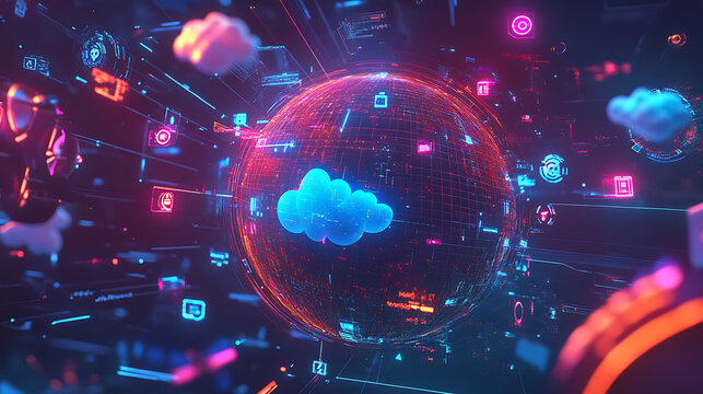 "Dynamic 3D illustration of a globe surrounded by interconnected technology icons like clouds, devices, and AI systems, glowing with a modern digital theme 