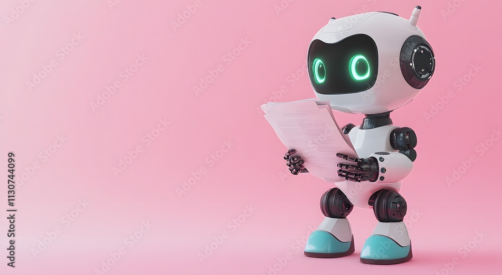 Poster a smart cute robot is reading a research paper with paper in hand. the robot is completing its work 