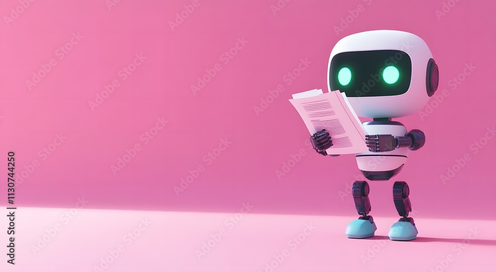 Poster a smart cute robot is reading a research paper with paper in hand. the robot is completing its work 