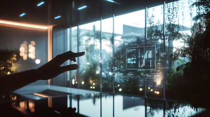 "Futuristic smart home with holographic controls, showcasing a person adjusting lights and climate via hand gestures, sleek and clean design 