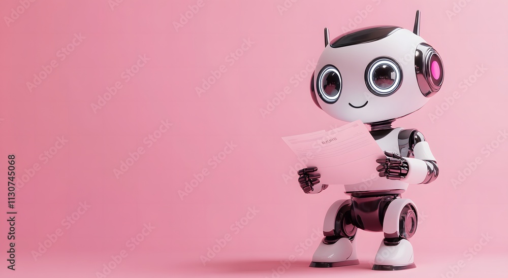 Poster a smart cute robot is reading a research paper with paper in hand. the robot is completing its work 