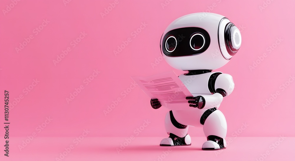 Poster a smart cute robot is reading a research paper with paper in hand. the robot is completing its work 