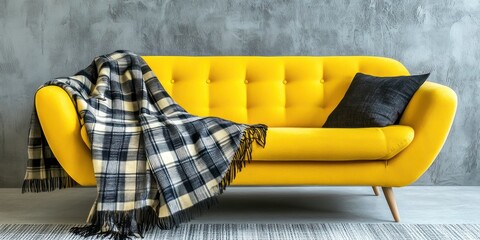 Intérieur de salon gris minimaliste avec canapé jaune, coussin noir et couverture à carreaux, décoration intérieure élégante.