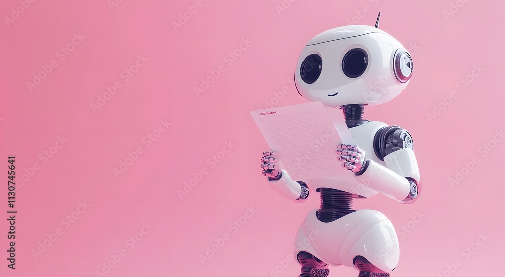 Poster a smart cute robot is reading a research paper with paper in hand. the robot is completing its work 
