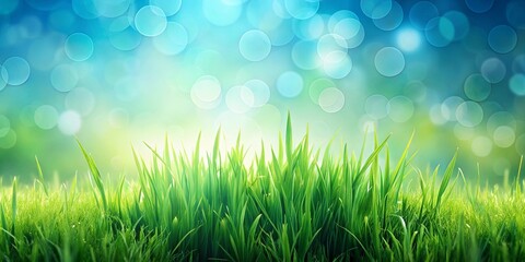 Obraz premium Vibrant Green Grass Blades Against a Soft Bokeh Background of Blue and Green Hues