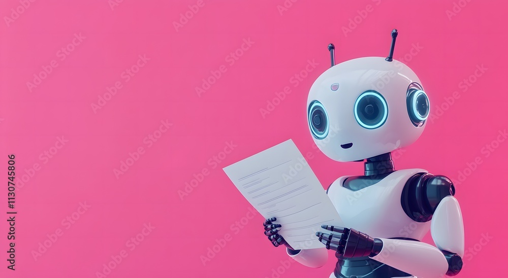 Poster a smart cute robot is reading a research paper with paper in hand. the robot is completing its work 