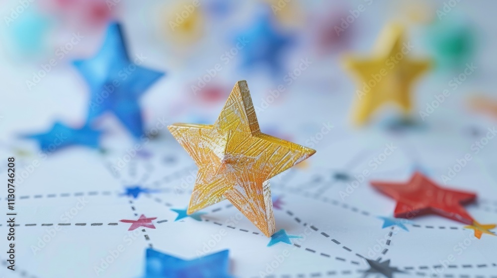 Poster colorful wooden stars arranged on a network diagram illustrate data points and their intricate conne