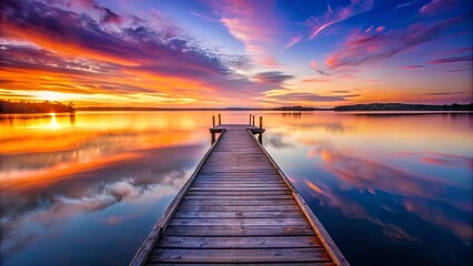 Fototapeta premium Serene Sunset Reflection on Calm Lake Water with Wooden Dock