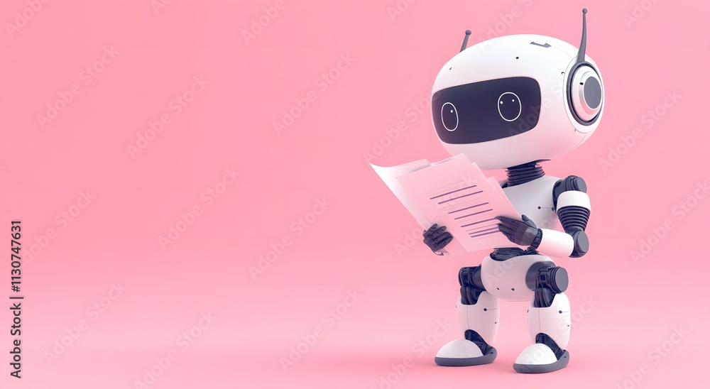 Poster a smart cute robot is reading a research paper with paper in hand. the robot is completing its work 