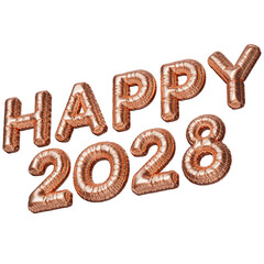 Happy 2028. The inscription in the form of rose gold balloons. 3D illustration of inflated letters on a transparent background. 