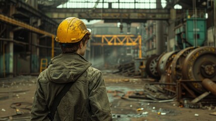 A worker in a yellow hard hat stands in a large abandoned industrial factory.