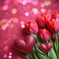 Fototapeta premium Love Valentine's Day with hearts and tulips.