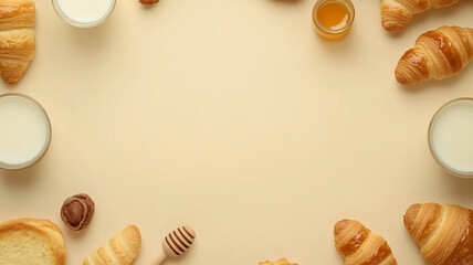 Obraz premium minimalistic breakfast table with croissants, milk, honey, and bread placed artistically on a beige background.