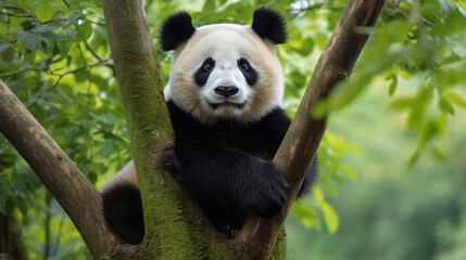 A cute panda sits on the tree trunk
