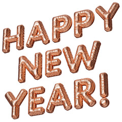 Happy new year! The inscription in the form of rose gold balloons. 3D illustration of inflated letters on a transparent background.