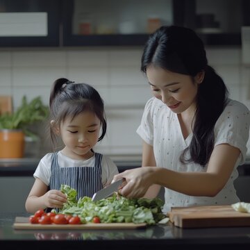 Asian mom teaches daughter to make salad.