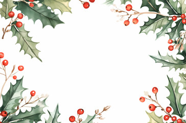 Fototapeta premium Christmas illustrations watercolor background with holly leaves with white space. Watercolor holly with green branches berries on top and bottom. Hand drawn illustration isolated for greetings card