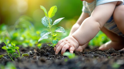 Baby's hands gently touching a young plant in soil.
