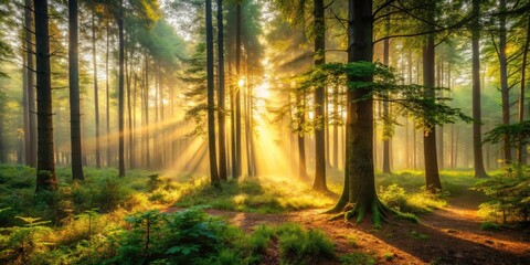 Obraz premium Abstract Dawn Forest: Gold, Green, Brown Layers - Rule of Thirds Composition