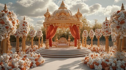 Obraz premium Ornate pavilion adorned with flowers, designed for a ceremonial setting.