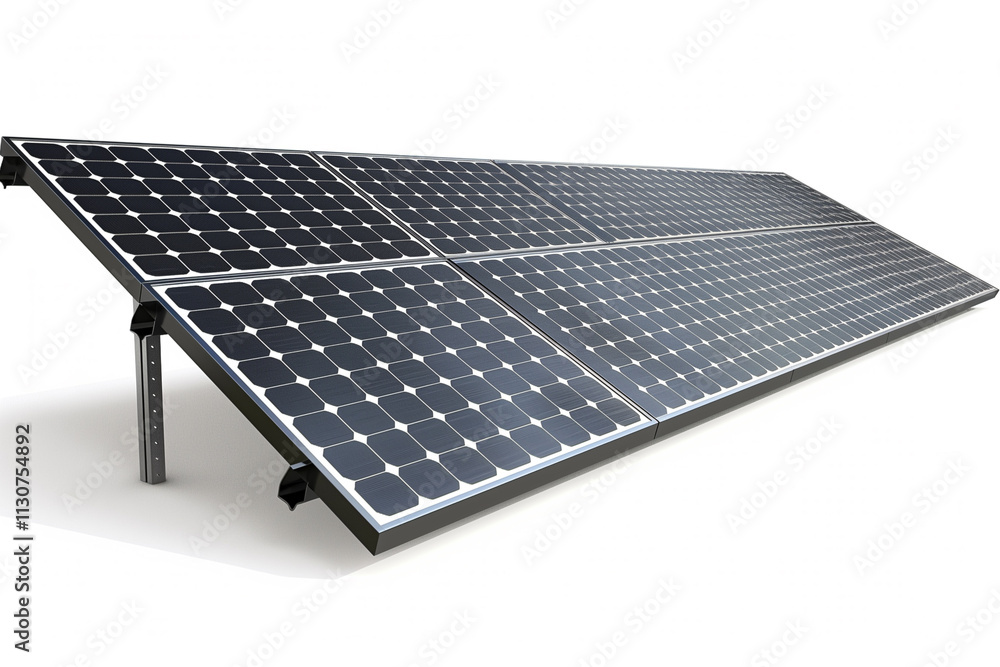 Poster a shot of a solar panel from a slight angle, its surface patterns clear and distinct on a stark whit