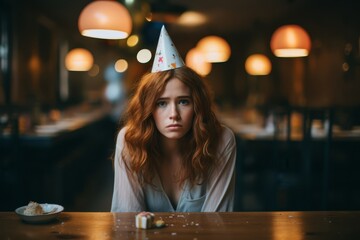 Emotional portrait of loneliness on birthday celebration.