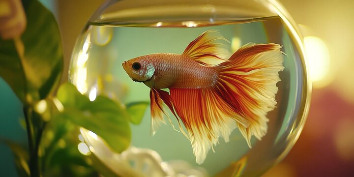 A beautiful goldfish swims gracefully in a round glass bowl. The vibrant orange and white colors shine brightly. This image captures the tranquility and charm of aquatic life. AI