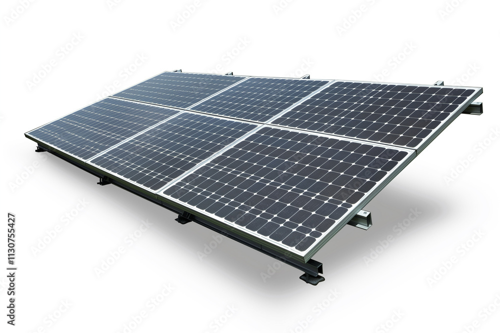 Poster a shot of a solar panel from a slight angle, its surface patterns clear and distinct on a stark whit